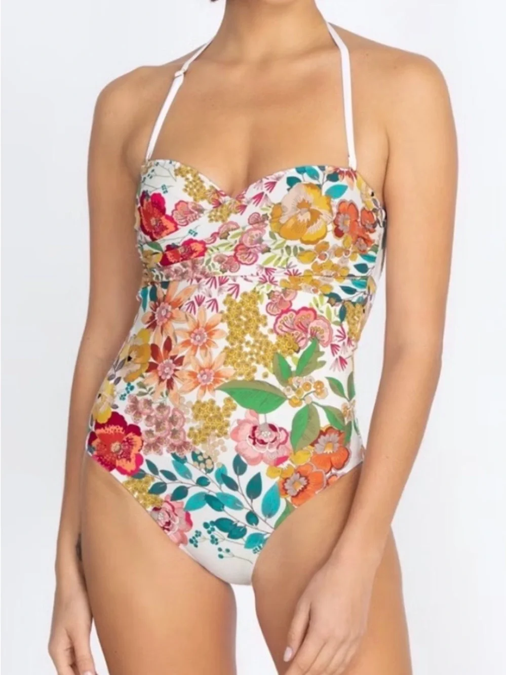 JOHNNY WAS MILLO  TWIST BRA One-Piece in White with Multicolor Blooms